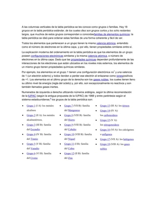 A las columnas verticales de la tabla periódica se les conoce como grupos o familias. Hay 18
grupos en la tabla periódica estándar, de los cuales diez son grupos cortos y los ocho restantes
largos, que muchos de estos grupos correspondan a conocidasfamilias de elementos químicos: la
tabla periódica se ideó para ordenar estas familias de una forma coherente y fácil de ver.
Todos los elementos que pertenecen a un grupo tienen la misma valencia atómica, entendido
como el número de electrones en la última capa, y por ello, tienen propiedades similares entre sí.
La explicación moderna del ordenamiento en la tabla periódica es que los elementos de un grupo
poseen configuraciones electrónicas similares y la misma valencia atómica, o número de
electrones en la última capa. Dado que las propiedades químicas dependen profundamente de las
interacciones de los electrones que están ubicados en los niveles más externos, los elementos de
un mismo grupo tienen propiedades químicas similares.
Por ejemplo, los elementos en el grupo 1 tienen una configuración electrónica ns
1
y una valencia
de 1 (un electrón externo) y todos tienden a perder ese electrón al enlazarse como ionespositivos
de +1. Los elementos en el último grupo de la derecha son los gases nobles, los cuales tienen lleno
su último nivel de energía (regla del octeto) y, por ello, son excepcionalmente no reactivos y son
también llamados gases inertes.
Numerados de izquierda a derecha utilizando números arábigos, según la última recomendación
de la IUPAC (según la antigua propuesta de la IUPAC) de 1988 y entre paréntesis según el
sistema estadounidense,
9
los grupos de la tabla periódica son:
Grupo 1 (I A): los metales
alcalinos
Grupo 2 (II A): los metales
alcalinotérreos.
Grupo 3 (III B): familia
del Escandio
Grupo 4 (IV B): familia
del Titanio
Grupo 5 (V B): familia
del Vanadio
Grupo 6 (VI B): familia
del Cromo
Grupo 7 (VII B): familia
del Manganeso
Grupo 8 (VIII B): familia
del Hierro
Grupo 9 (VIII B): familia
del Cobalto
Grupo 10 (VIII B): familia
del Níquel
Grupo 11 (I B): familia
del Cobre
Grupo 12 (II B): familia
del Zinc
Grupo 13 (III A): los térreos
Grupo 14 (IV A):
los carbonoideos
Grupo 15 (V A):
los nitrogenoideos
Grupo 16 (VI A): los calcógenos
o anfígenos
Grupo 17 (VII A): los halógenos
Grupo 18 (VIII A): los gases
nobles
 