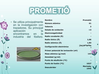 • Se utiliza principalmente
en la investigación con
trazadores. Su principal
aplicación la
encontramos en la
industria del fósforo.
Nombre Prometió
Número atómico 61
Valencia 3
Estado de oxidación +3
Electronegatividad -
Radio covalente (Å) -
Radio iónico (Å) 1,06
Radio atómico (Å) 1,83
Configuración electrónica
[Xe]4f55d06s
2
Primer potencial de ionización (eV) -
Masa atómica (g/mol) 147
Densidad (g/ml) -
Punto de ebullición (ºC) -
Punto de fusión (ºC) 1027
Descubridor
Marinsky
1945
 