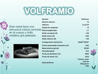 • Este metal tiene una
estructura cúbica centrada
en el cuerpo y brillo
metálico gris plateado.
Nombre Volframio
Número atómico 74
Valencia 2,3,4,5,6
Estado de oxidación +4
Electronegatividad 1,7
Radio covalente (Å) 1,46
Radio iónico (Å) 0,64
Radio atómico (Å) 1,39
Configuración electrónica [Xe]4f145d46s2
Primer potencialde ionización (eV) 8,03
Masa atómica (g/mol) 183,85
Densidad (g/ml) 19,3
Punto de ebullición (ºC) 5930
Punto de fusión (ºC) 3410
Descubridores
Fausto y Juan
José de
Elhuyar en
1783
 
