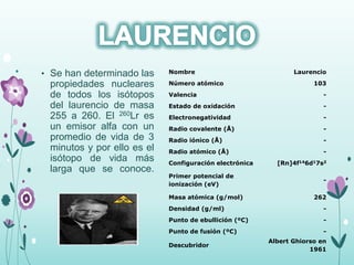 • Se han determinado las
propiedades nucleares
de todos los isótopos
del laurencio de masa
255 a 260. El 260Lr es
un emisor alfa con un
promedio de vida de 3
minutos y por ello es el
isótopo de vida más
larga que se conoce.
Nombre Laurencio
Número atómico 103
Valencia -
Estado de oxidación -
Electronegatividad -
Radio covalente (Å) -
Radio iónico (Å) -
Radio atómico (Å) -
Configuración electrónica [Rn]4f146d17s2
Primer potencial de
ionización (eV)
-
Masa atómica (g/mol) 262
Densidad (g/ml) -
Punto de ebullición (ºC) -
Punto de fusión (ºC) -
Descubridor
Albert Ghiorso en
1961
 