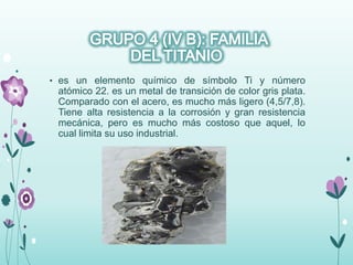 • es un elemento químico de símbolo Ti y número
atómico 22. es un metal de transición de color gris plata.
Comparado con el acero, es mucho más ligero (4,5/7,8).
Tiene alta resistencia a la corrosión y gran resistencia
mecánica, pero es mucho más costoso que aquel, lo
cual limita su uso industrial.
 