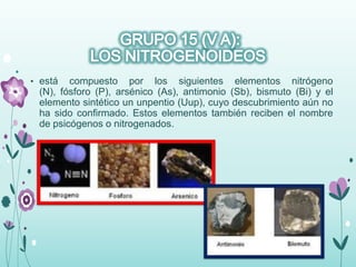 • está compuesto por los siguientes elementos nitrógeno
(N), fósforo (P), arsénico (As), antimonio (Sb), bismuto (Bi) y el
elemento sintético un unpentio (Uup), cuyo descubrimiento aún no
ha sido confirmado. Estos elementos también reciben el nombre
de psicógenos o nitrogenados.
 