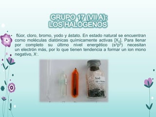 • flúor, cloro, bromo, yodo y ástato. En estado natural se encuentran
como moléculas diatónicas químicamente activas [X2]. Para llenar
por completo su último nivel energético (s2p5) necesitan
un electrón más, por lo que tienen tendencia a formar un ion mono
negativo, X-.
 