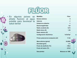 • En algunos países se
añade fluoruro al agua
potable para favorecer la
salud dental
Nombre Flúor
Número atómico 9
Valencia -1
Estado de oxidación -1
Electronegatividad 4,0
Radio covalente (Å) 0,72
Radio iónico (Å) 1,36
Radio atómico (Å) -
Configuración electrónica 1s22s22p5
Primer potencial de ionización (eV) 17,54
Masa atómica (g/mol) 18,9984
Densidad (g/ml) 1,11
Punto de ebullición (ºC) -188,2
Punto de fusión (ºC) -219,6
Descubridor Moissan en 1886
 