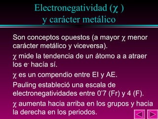 Electronegatividad (χ )
y carácter metálico

32

Son conceptos opuestos (a mayor χ menor
carácter metálico y viceversa).
χ mide la tendencia de un átomo a a atraer
los e– hacía sí.
χ es un compendio entre EI y AE.
Pauling estableció una escala de
electronegatividades entre 0’7 (Fr) y 4 (F).
χ aumenta hacia arriba en los grupos y hacia
la derecha en los periodos.

 