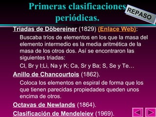 Primeras clasificaciones RE
REP
PAS
ASO
O
periódicas.
4

Triadas de Döbereiner (1829) (Enlace Web):
Buscaba tríos de elementos en los que la masa del
elemento intermedio es la media aritmética de la
masa de los otros dos. Así se encontraron las
siguientes triadas:
Cl, Br y I;Li, Na y K; Ca, Sr y Ba; S, Se y Te…

Anillo de Chancourtois (1862).
Coloca los elementos en espiral de forma que los
que tienen parecidas propiedades queden unos
encima de otros.

Octavas de Newlands (1864).
Clasificación de Mendeleiev (1969).

 