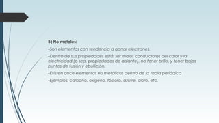 B) No metales:
-Son elementos con tendencia a ganar electrones.
-Dentro de sus propiedades está: ser malos conductores del calor y la
electricidad (o sea, propiedades de aislante), no tener brillo, y tener bajos
puntos de fusión y ebullición.
-Existen once elementos no metálicos dentro de la tabla periódica
-Ejemplos: carbono, oxígeno, fósforo, azufre, cloro, etc.
 