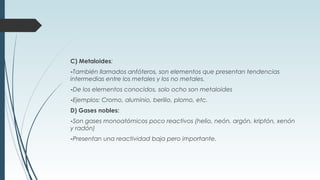 C) Metaloides:
-También llamados anfóteros, son elementos que presentan tendencias
intermedias entre los metales y los no metales.
-De los elementos conocidos, solo ocho son metaloides
-Ejemplos: Cromo, aluminio, berilio, plomo, etc.
D) Gases nobles:
-Son gases monoatómicos poco reactivos (helio, neón, argón, kriptón, xenón
y radón)
-Presentan una reactividad baja pero importante.
 