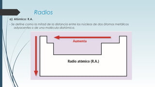 Radios
a) Atómico: R.A.
- Se define como la mitad de la distancia entre los núcleos de dos átomos metálicos
adyacentes o de una molécula diatómica.
 
