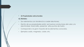  2) Propiedades estructurales
A) Metales:
- Son elementos con tendencia a ceder electrones.
- Dentro de sus propiedades están: ser buenos conductores del calor y la
electricidad, tener brillo, presentar altos puntos de fusión.
- Corresponde a la gran mayoría de los elementos conocidos.
- Ejemplos: sodio, magnesio, cobre, etc.
 
