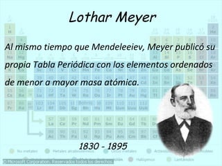 Lothar Meyer 
Al mismo tiempo que Mendeleeiev, Meyer publicó su 
propia Tabla Periódica con los elementos ordenados 
de menor a mayor masa atómica. 
1830 - 1895 
 