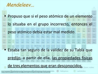 Mendeleev... 
• Propuso que si el peso atómico de un elemento 
lo situaba en el grupo incorrecto, entonces el 
peso atómico debía estar mal medido. 
• Estaba tan seguro de la validez de su Tabla que 
predijo, a partir de ella, las propiedades físicas 
de tres elementos que eran desconocidos. 
 