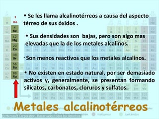• Se les llama alcalinotérreos a causa del aspecto 
térreo de sus óxidos . 
• Sus densidades son bajas, pero son algo mas 
elevadas que la de los metales alcalinos. 
• Son menos reactivos que los metales alcalinos. 
• No existen en estado natural, por ser demasiado 
activos y, generalmente, se presentan formando 
silicatos, carbonatos, cloruros y sulfatos. 
22 
IIIIAA 
Metales alcalinotérreos 
 