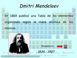 Dmitri Mendeleev 
En 1869 publicó una Tabla de los elementos 
organizada según la masa atómica de los 
mismos. 
Mendelevio 
1834 - 1907 
 