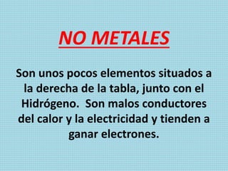 NO METALES
Son unos pocos elementos situados a
la derecha de la tabla, junto con el
Hidrógeno. Son malos conductores
del calor y la electricidad y tienden a
ganar electrones.
 