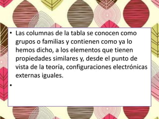 • Las columnas de la tabla se conocen como
grupos o familias y contienen como ya lo
hemos dicho, a los elementos que tienen
propiedades similares y, desde el punto de
vista de la teoría, configuraciones electrónicas
externas iguales.
•
 