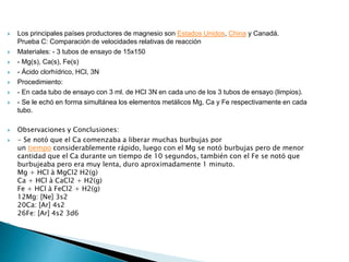  Los principales países productores de magnesio son Estados Unidos, China y Canadá.
Prueba C: Comparación de velocidades relativas de reacción
 Materiales: - 3 tubos de ensayo de 15x150
 - Mg(s), Ca(s), Fe(s)
 - Ácido clorhídrico, HCl, 3N
 Procedimiento:
 - En cada tubo de ensayo con 3 ml. de HCl 3N en cada uno de los 3 tubos de ensayo (limpios).
 - Se le echó en forma simultánea los elementos metálicos Mg, Ca y Fe respectivamente en cada
tubo.
 Observaciones y Conclusiones:
 - Se notó que el Ca comenzaba a liberar muchas burbujas por
un tiempo considerablemente rápido, luego con el Mg se notó burbujas pero de menor
cantidad que el Ca durante un tiempo de 10 segundos, también con el Fe se notó que
burbujeaba pero era muy lenta, duro aproximadamente 1 minuto.
Mg + HCl à MgCl2 H2(g)
Ca + HCl à CaCl2 + H2(g)
Fe + HCl à FeCl2 + H2(g)
12Mg: [Ne] 3s2
20Ca: [Ar] 4s2
26Fe: [Ar] 4s2 3d6

 
