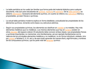  La tabla periódica se ha vuelto tan familiar que forma parte del material didáctico para cualquier
estudiante, más aún para estudiantes de química, medicina e ingeniería. De la tabla periódica se
obtiene información necesaria del elemento químico, en cuanto se refiere a su estructura interna y
propiedades, ya sean físicas o químicas.
 La actual tabla periódica moderna explica en forma detallada y actualizada las propiedades de los
elementos químicos, tomando como base a su estructura atómica.
 Según sus propiedades químicas, los elementos se clasifican en metales y no metales. Hay más
elementos metálicos que no metálicos. Los mismos elementos que hay en la tierra existen en
otros planetas del espacio sideral. El estudiante debe conocer ambas clases, sus propiedades físicas
y químicas importantes; no memorizar, sino familiarizarse, así por ejemplo familiarizarse con la
valencia de los principales elementos metálicos y no metálicos, no en forma individual o aislada, sino
por grupos o familias (I, II, III, etc) y de ese modo aprender de manera fácil y ágil fórmulas y nombres
de los compuestos químicos, que es parte vital del lenguaje químico.
 
