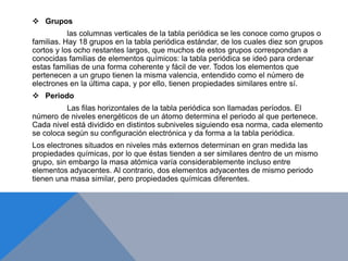  Grupos
las columnas verticales de la tabla periódica se les conoce como grupos o
familias. Hay 18 grupos en la tabla periódica estándar, de los cuales diez son grupos
cortos y los ocho restantes largos, que muchos de estos grupos correspondan a
conocidas familias de elementos químicos: la tabla periódica se ideó para ordenar
estas familias de una forma coherente y fácil de ver. Todos los elementos que
pertenecen a un grupo tienen la misma valencia, entendido como el número de
electrones en la última capa, y por ello, tienen propiedades similares entre sí.
 Periodo
Las filas horizontales de la tabla periódica son llamadas períodos. El
número de niveles energéticos de un átomo determina el periodo al que pertenece.
Cada nivel está dividido en distintos subniveles siguiendo esa norma, cada elemento
se coloca según su configuración electrónica y da forma a la tabla periódica.
Los electrones situados en niveles más externos determinan en gran medida las
propiedades químicas, por lo que éstas tienden a ser similares dentro de un mismo
grupo, sin embargo la masa atómica varía considerablemente incluso entre
elementos adyacentes. Al contrario, dos elementos adyacentes de mismo periodo
tienen una masa similar, pero propiedades químicas diferentes.
 