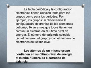 La tabla periódica y la configuración
electrónica tienen relación tanto para los
grupos como para los periodos. Por
ejemplo, los grupos: si observamos la
configuración electrónica de los elementos
del grupo IA veremos que todos tienen en
común un electrón en el último nivel de
energía. El número de valencia coincide
con el número del grupo y con el número de
electrones del último nivel.
Los átomos de un mismo grupo
contienen en su último nivel de energía
el mismo número de electrones de
valencia.
 