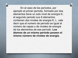En el caso de los períodos, por
ejemplo el primer período, formado por dos
elementos tiene un solo nivel de energía K;
el segundo periodo sus 8 elementos
contienen dos niveles de energía K, L. vale
decir que el numero de período es igual al
número de capas o de niveles de energía
de los elementos de ese período. Los
átomos de un mismo período poseen el
mismo número de niveles de energía.
 