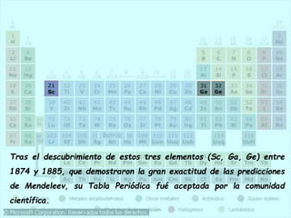 Tras el descubrimiento de estos tres elementos (Sc, Ga, Ge) entre
1874 y 1885, que demostraron la gran exactitud de las predicciones
de Mendeleev, su Tabla Periódica fué aceptada por la comunidad
científica.
 