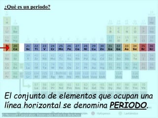 El conjunto de elementos que ocupan una
línea horizontal se denomina PERIODO.
¿Qué es un periodo?
 