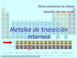 Metales de transición
internos
Estos elementos se llaman
también tierras raras.
 