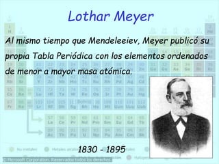 Lothar Meyer
1830 - 1895
Al mismo tiempo que Mendeleeiev, Meyer publicó su
propia Tabla Periódica con los elementos ordenados
de menor a mayor masa atómica.
 