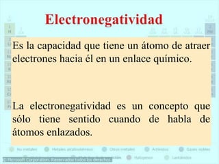 Es la capacidad que tiene un átomo de atraer
electrones hacia él en un enlace químico.
La electronegatividad es un concepto que
sólo tiene sentido cuando de habla de
átomos enlazados.
 