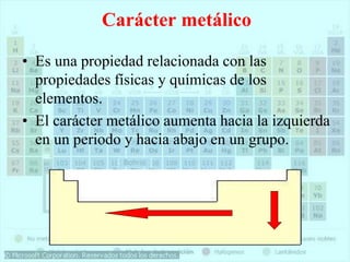 Carácter metálico
• Es una propiedad relacionada con las
propiedades físicas y químicas de los
elementos.
• El carácter metálico aumenta hacia la izquierda
en un periodo y hacia abajo en un grupo.
 