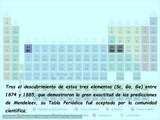 Tras el descubrimiento de estos tres elementos (Sc, Ga, Ge) entre
1874 y 1885, que demostraron la gran exactitud de las predicciones
de Mendeleev, su Tabla Periódica fué aceptada por la comunidad
científica.
 