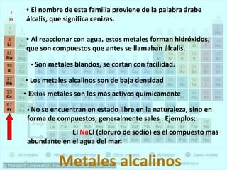 Metales alcalinos
• El nombre de esta familia proviene de la palabra árabe
álcalis, que significa cenizas.
• Al reaccionar con agua, estos metales forman hidróxidos,
que son compuestos que antes se llamaban álcalis.
• Son metales blandos, se cortan con facilidad.
• Los metales alcalinos son de baja densidad
• Estos metales son los más activos químicamente
• No se encuentran en estado libre en la naturaleza, sino en
forma de compuestos, generalmente sales . Ejemplos:
El NaCl (cloruro de sodio) es el compuesto mas
abundante en el agua del mar.
1
IA
 