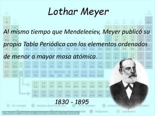 Lothar Meyer
1830 - 1895
Al mismo tiempo que Mendeleeiev, Meyer publicó su
propia Tabla Periódica con los elementos ordenados
de menor a mayor masa atómica.
 