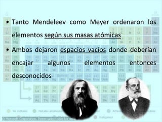 • Tanto Mendeleev como Meyer ordenaron los
elementos según sus masas atómicas
• Ambos dejaron espacios vacíos donde deberían
encajar algunos elementos entonces
desconocidos
 