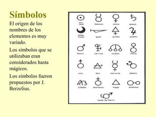 Símbolos
El origen de los
nombres de los
elementos es muy
variado.
Los símbolos que se
utilizaban eran
considerados hasta
mágicos.
Los símbolos fueron
propuestos por J.
Berzelius.
 