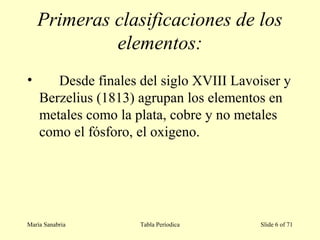 Primeras clasificaciones de los
elementos:
• Desde finales del siglo XVIII Lavoiser y
Berzelius (1813) agrupan los elementos en
metales como la plata, cobre y no metales
como el fósforo, el oxigeno.
María Sanabria Tabla Períodica Slide 6 of 71
 