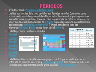  Artículo principal: Períodos de la tabla periódica.
 Las filas horizontales de la tabla periódica son llamadas períodos. Contrario a como
ocurre en el caso de los grupos de la tabla periódica, los elementos que componen una
misma fila tienen propiedades diferentes pero masas similares: todos los elementos de
un período tienen el mismo número de orbitales. Siguiendo esa norma, cada elemento se
coloca según su configuración electrónica. El primer período solo tiene dos
miembros: hidrógeno y helio; ambos tienen sólo el orbital 1s.
 La tabla periódica consta de 7 períodos:
 Período 1
 Período 2
 Período 3
 Período 4
 Período 5
 Período 6
 Período 7
 La tabla también está dividida en cuatro grupos, s, p, d, f, que están ubicados en el
orden sdp, de izquierda a derecha, y f lantánidos yactínidos. Esto depende de la letra en
terminación de los elementos de este grupo, según el principio de Aufbau.
 