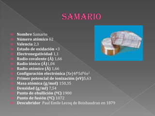  Nombre Samario
 Número atómico 62
 Valencia 2,3
 Estado de oxidación +3
 Electronegatividad 1,1
 Radio covalente (Å) 1,66
 Radio iónico (Å)1,04
 Radio atómico (Å) 1,66
 Configuración electrónica [Xe]4f65d06s2
 Primer potencial de ionización (eV)5,63
 Masa atómica (g/mol) 150,35
 Densidad (g/ml) 7,54
 Punto de ebullición (ºC) 1900
 Punto de fusión (ºC) 1072
 Descubridor Paul Emile Lecoq de Boisbaudran en 1879
 