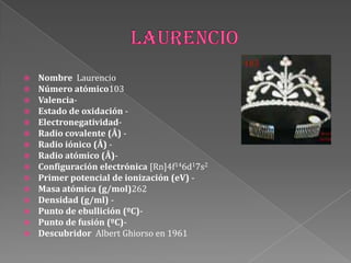  Nombre Laurencio
 Número atómico103
 Valencia-
 Estado de oxidación -
 Electronegatividad-
 Radio covalente (Å) -
 Radio iónico (Å) -
 Radio atómico (Å)-
 Configuración electrónica [Rn]4f146d17s2
 Primer potencial de ionización (eV) -
 Masa atómica (g/mol)262
 Densidad (g/ml) -
 Punto de ebullición (ºC)-
 Punto de fusión (ºC)-
 Descubridor Albert Ghiorso en 1961
 