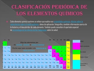  Cada elemento químico contiene un enlace que explica sus propiedades químicas, efectos sobre la
salud,efectos sobre el medio ambiente, datos de aplicación, fotografía y también información acerca de
la historia y el descubridor de cada elemento. También puede consultar el apartado especial
de terminología de los efectos de las radiaciones sobre la salud.
I II III IV V VI VII VIII
1 H1
Elija los elementos por
su nombre, símbolo y número atómico.
He2
2 Li3 Be4
Pinche aquí para acceder a la historia de la
tabla periódica.
B5 C6 N7 O8 F9 Ne10
3 Na11 Mg12 Al13 Si14 P15 S16 Cl17 Ar18
4 K19 Ca20 Sc21 Ti22 V23 Cr24 Mn25 Fe26 Co27 Ni28 Cu29 Zn30 Ga31 Ge32 As33 Se34 Br35 Kr36
5 Rb37 Sr38 Y39 Zr40 Nb41 Mo42 Tc43 Ru44 Rh45 Pd46 Ag47 Cd48 In49 Sn50 Sb51 Te52 I53 Xe54
6 Cs55 Ba56 La57 Hf72 Ta73 W74 Re75 Os76 Ir77 Pt78 Au79 Hg80 Tl81 Pb82 Bi83 Po84 At85 Rn86
7
Fr
87
Ra
88
Ac
89
Rf
104
Db
105
Sg
106
Bh
107
Hs
108
Mt
109
Uun
110
Uuu
111
Uub
112
Uut
113
Uuq
114
Uup
115
Uuh
116
Uus
117
Uuo
118
Metal
Semi-conductor
No-metal
Gases nobles
Lantánidos y
actínidos
 