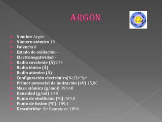  Nombre Argón
 Número atómico 18
 Valencia 0
 Estado de oxidación -
 Electronegatividad -
 Radio covalente (Å)1,74
 Radio iónico (Å)-
 Radio atómico (Å)-
 Configuración electrónica[Ne]3s23p6
 Primer potencial de ionización (eV) 15,80
 Masa atómica (g/mol) 39,948
 Densidad (g/ml) 1,40
 Punto de ebullición (ºC)-185,8
 Punto de fusión (ºC) -189,4
 Descubridor Sir Ramsay en 1894
 