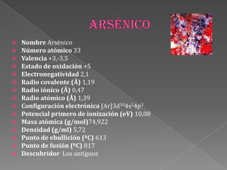  Nombre Arsénico
 Número atómico 33
 Valencia +3,-3,5
 Estado de oxidación +5
 Electronegatividad 2,1
 Radio covalente (Å) 1,19
 Radio iónico (Å) 0,47
 Radio atómico (Å) 1,39
 Configuración electrónica [Ar]3d104s24p3
 Potencial primero de ionización (eV) 10,08
 Masa atómica (g/mol)74,922
 Densidad (g/ml) 5,72
 Punto de ebullición (ºC) 613
 Punto de fusión (ºC) 817
 Descubridor Los antiguos
 