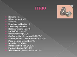  Nombre Itrio
 Número atómico39
 Valencia3
 Estado de oxidación +3
 Electronegatividad1,2
 Radio covalente (Å)1,48
 Radio iónico (Å)0,93
 Radio atómico (Å)1,80
 Configuración electrónica[Kr]4d15s2
 Primer potencial de ionización (eV) 6,62
 Masa atómica (g/mol)88,906
 Densidad (g/ml)4,47
 Punto de ebullición (ºC) 2927
 Punto de fusión (ºC) 1509
 Descubridor Johann Gadolin en 1794
 