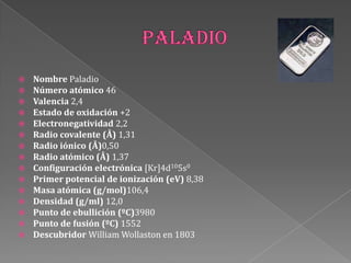  Nombre Paladio
 Número atómico 46
 Valencia 2,4
 Estado de oxidación +2
 Electronegatividad 2,2
 Radio covalente (Å) 1,31
 Radio iónico (Å)0,50
 Radio atómico (Å) 1,37
 Configuración electrónica [Kr]4d105s0
 Primer potencial de ionización (eV) 8,38
 Masa atómica (g/mol)106,4
 Densidad (g/ml) 12,0
 Punto de ebullición (ºC)3980
 Punto de fusión (ºC) 1552
 Descubridor William Wollaston en 1803
 