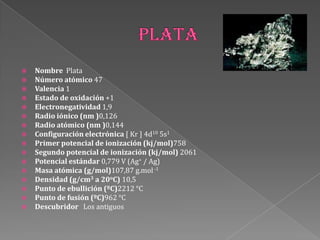  Nombre Plata
 Número atómico 47
 Valencia 1
 Estado de oxidación +1
 Electronegatividad 1,9
 Radio iónico (nm )0,126
 Radio atómico (nm )0,144
 Configuración electrónica [ Kr ] 4d10 5s1
 Primer potencial de ionización (kj/mol)758
 Segundo potencial de ionización (kj/mol) 2061
 Potencial estándar 0,779 V (Ag+ / Ag)
 Masa atómica (g/mol)107,87 g.mol-1
 Densidad (g/cm3 a 20oC) 10,5
 Punto de ebullición (ºC)2212 °C
 Punto de fusión (ºC)962 °C
 Descubridor Los antiguos
 