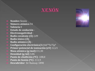  Nombre Xenón
 Número atómico 54
 Valencia 0
 Estado de oxidación -
 Electronegatividad -
 Radio covalente (Å) 2,09
 Radio iónico (Å)-
 Radio atómico (Å) -
 Configuración electrónica[Kr]4d105s25p6
 Primer potencial de ionización (eV) 12,21
 Masa atómica (g/mol)131,30
 Densidad (g/ml) 3,06
 Punto de ebullición (ºC) -108,0
 Punto de fusión (ºC) -111,9
 Descubridor Sir Ramsay 1898
 