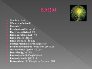  Nombre Bario
 Número atómico56
 Valencia2
 Estado de oxidación +2
 Electronegatividad 0,9
 Radio covalente (Å) 1,98
 Radio iónico (Å)1,35
 Radio atómico (Å) 2,22
 Configuración electrónica [Xe]6s2
 Primer potencial de ionización (eV)5,24
 Masa atómica (g/mol)137,34
 Densidad (g/ml)3,5
 Punto de ebullición (ºC)1640
 Punto de fusión (ºC) 714
 Descubridor Sir Humphrey Davy en 1808
 