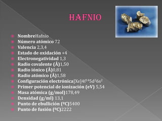 NombreHafnio
 Número atómico 72
 Valencia 2,3,4
 Estado de oxidación +4
 Electronegatividad 1,3
 Radio covalente (Å)1,50
 Radio iónico (Å)0,81
 Radio atómico (Å)1,58
 Configuración electrónica[Xe]4f145d26s2
 Primer potencial de ionización (eV) 5,54
 Masa atómica (g/mol)178,49
 Densidad (g/ml) 13,1
 Punto de ebullición (ºC)5400
 Punto de fusión (ºC)2222
 