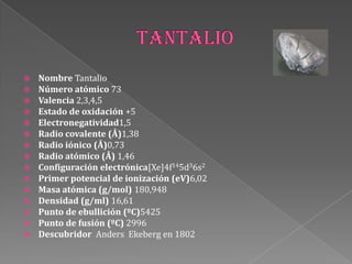  Nombre Tantalio
 Número atómico 73
 Valencia 2,3,4,5
 Estado de oxidación +5
 Electronegatividad1,5
 Radio covalente (Å)1,38
 Radio iónico (Å)0,73
 Radio atómico (Å) 1,46
 Configuración electrónica[Xe]4f145d36s2
 Primer potencial de ionización (eV)6,02
 Masa atómica (g/mol) 180,948
 Densidad (g/ml) 16,61
 Punto de ebullición (ºC)5425
 Punto de fusión (ºC) 2996
 Descubridor Anders Ekeberg en 1802
 